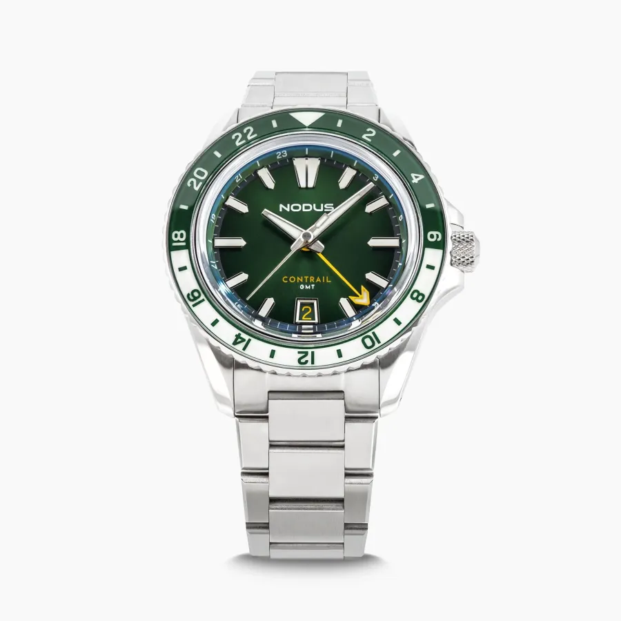 Nodus Contrail GMT Evergreen, green dial, two-tone 24-hour bezel, on flat-link bracelet