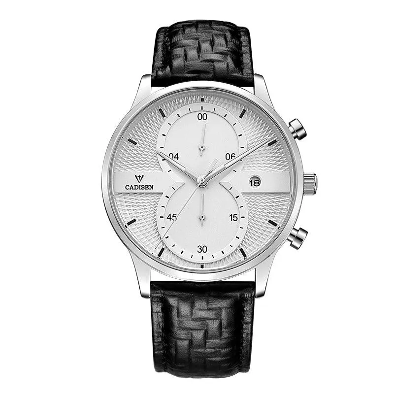 Cadisen C9055 quartz chronograph with white dial, two subdials and date at 3 in a silver-tone case on a black leather strap