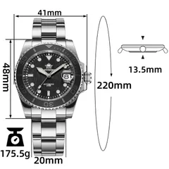 Addiesdive AD2087 dimension graphic (41mm, 48mm lug-to-lug, 13.5mm, 20mm, 220mm bracelet, 175.5g)