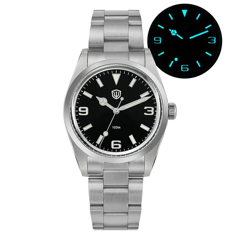 Watchdives WD1016 37mm with black 3-6-9 dial on the oyster-style bracelet