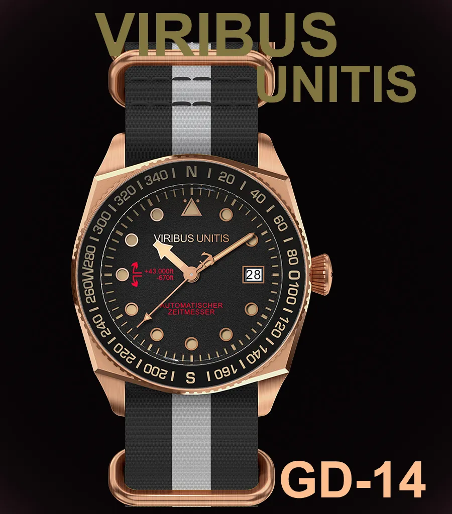 Viribus Unitis GD-14, bronze case, black dial, compass bezel, on black and grey NATO strap