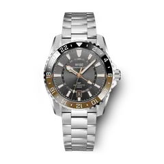 Wise Adamascus ADX120 True GMT in 904L steel, grey sunburst dial, black and light brown bezel and rose-gold-tone hands, on 904L bracelet