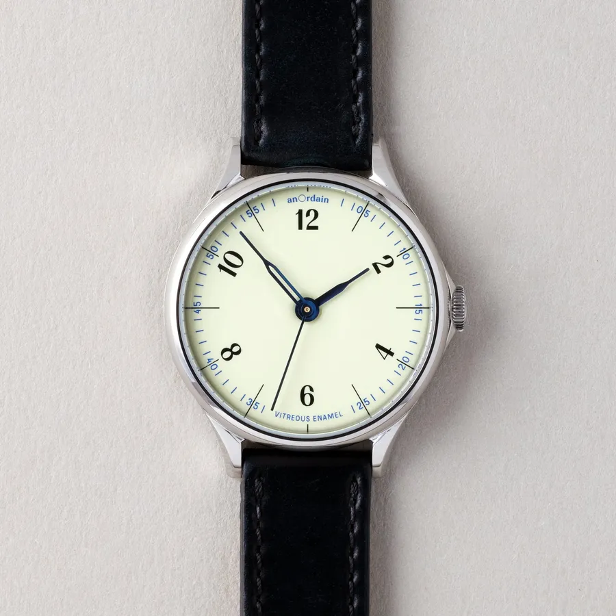 anOrdain Model 1 35mm Iron Cream, vitreous enamel dial, on black shell cordovan strap