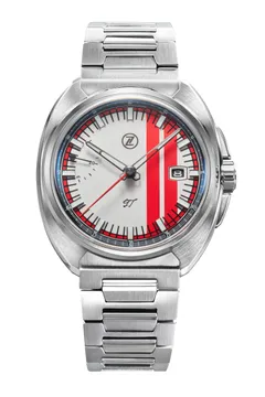 Zelos GT 40mm Ivory, white gloss dial with red racing stripes, on steel bracelet