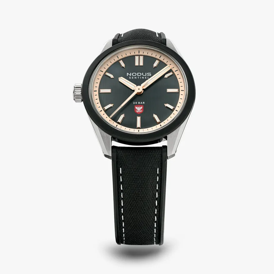 Nodus Sentinel for AMMO NYC, anthracite dial with rose-gold-tone hands and indices, black TPU bezel, crown at 9, on black strap
