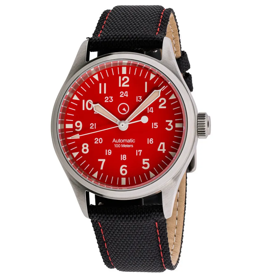 Islander Mitchel field watch with red no-date dial on black nylon strap with red stitching