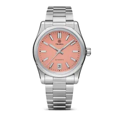 Traska Commuter 36 Date, coral lacquered dial, front view