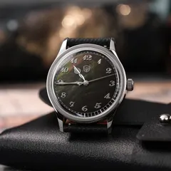 Watchdives WD2008 with black mother-of-pearl dial and numerals on a black leather strap