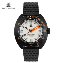 Tactical Frog Sub 300T V2 with white dial and black PVD case on black mesh bracelet