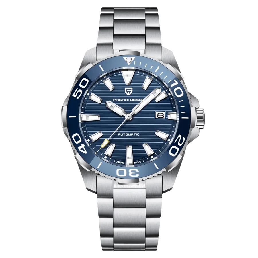 Pagani Design PD-1668A with blue striped dial and round blue 60-minute bezel with six tabs on steel bracelet