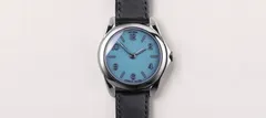 anOrdain Model 2 mkI Torr Blue, pale blue translucent enamel dial, on black shell cordovan strap