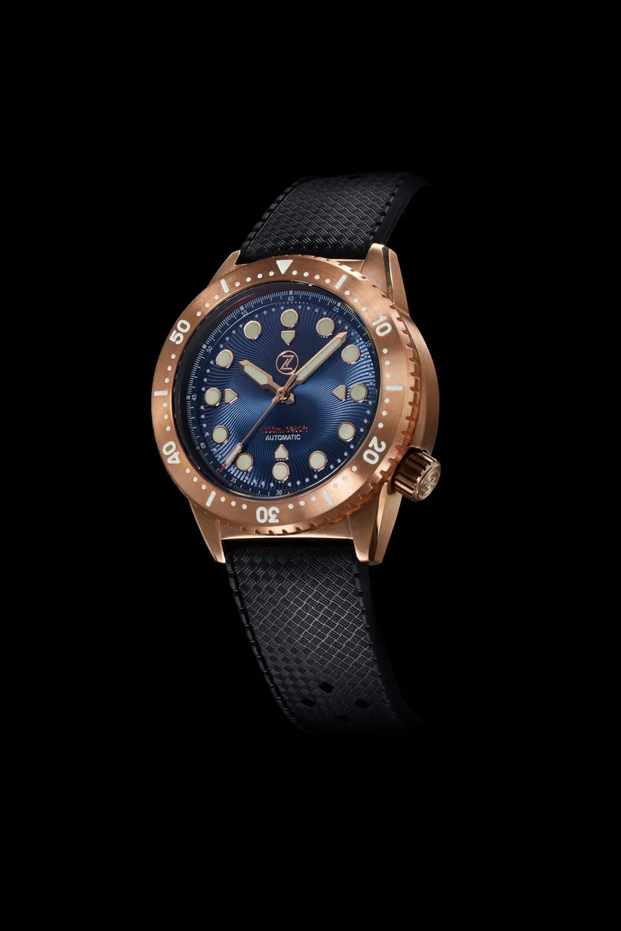 Zelos Great White 1000m in bronze, blue spiral-textured dial, bronze bezel insert, on tropic rubber strap