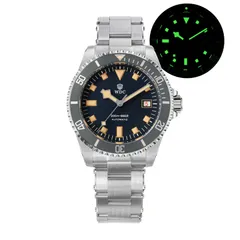 Watchdives WD5513M date version with blue dial and grey bezel on the rivet bracelet, with lume shot