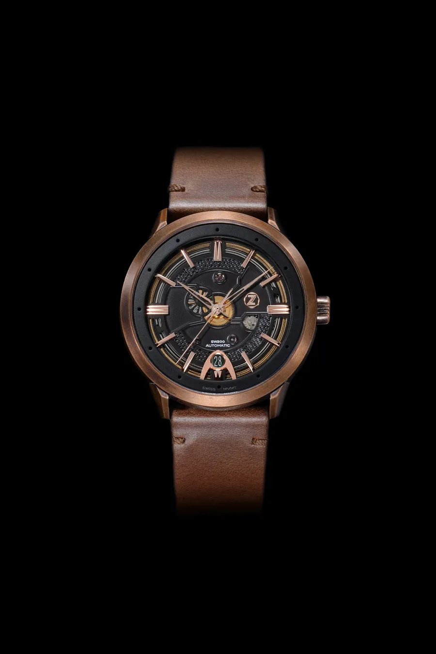 Zelos Avant A-3, bronze case, black semi-skeleton dial with date at 6, on brown leather strap