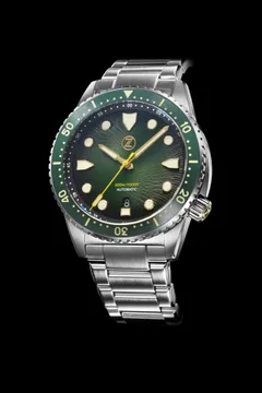 Zelos Great White V2 300m, green fumé dial with gilt hands, green ceramic bezel, on steel bracelet