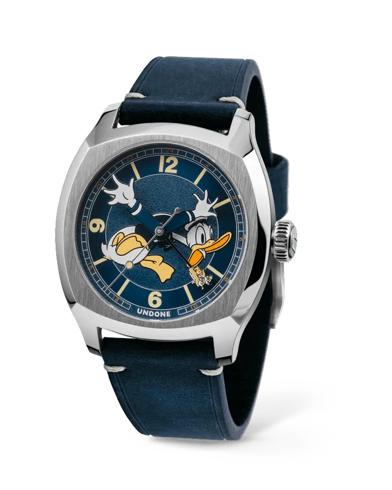Undone Terra GMT Disney Donald with steel cushion case and navy Donald Duck dial on a navy leather strap