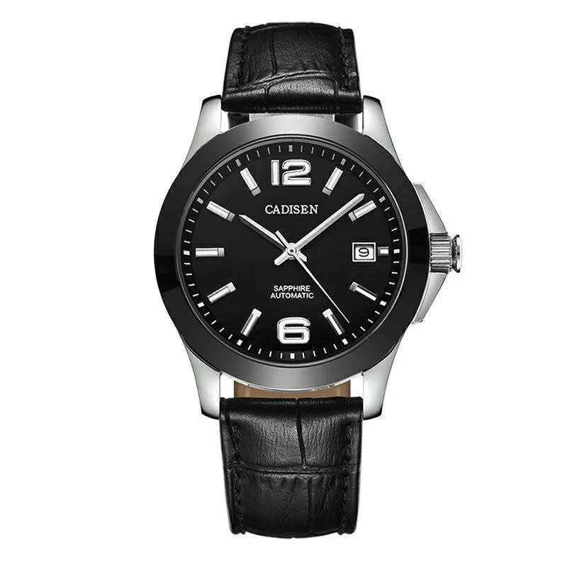 Cadisen C1009 with black dial, Arabic numerals and date at 3 on a black leather strap
