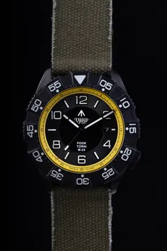 Pook Torni M-24 Worlds Strongest Soldier edition with black dial, yellow chapter ring and WSS emblem on a green canvas strap
