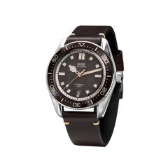 Wise Adamascus AD820A in 904L steel, grey wavy dial, brown ceramic bezel, on brown leather strap