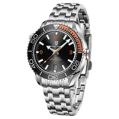 Pagani Design PD-1679 with black dial, orange accents and black and orange bezel on steel bracelet