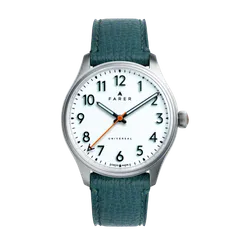 Farer Resolute III, white lacquer dial with black Arabic numerals, on octane petrol Granolo leather strap