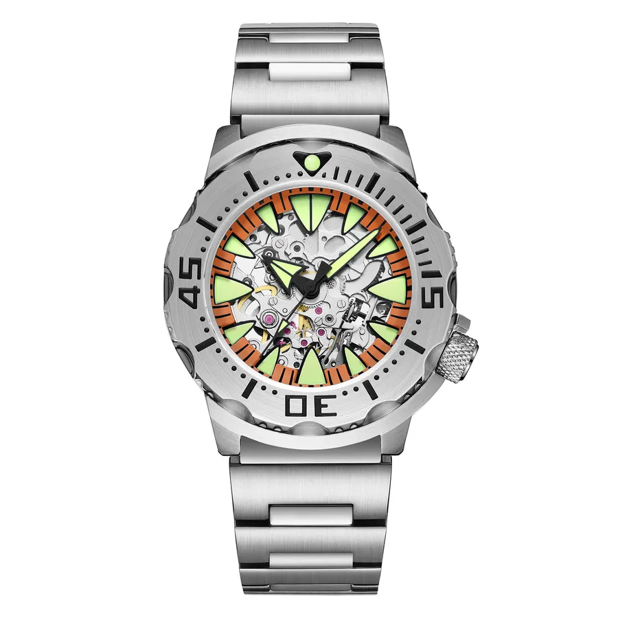 Addiesdive AD2103 skeleton with orange chapter ring, open-worked dial and steel dive bezel on the bracelet