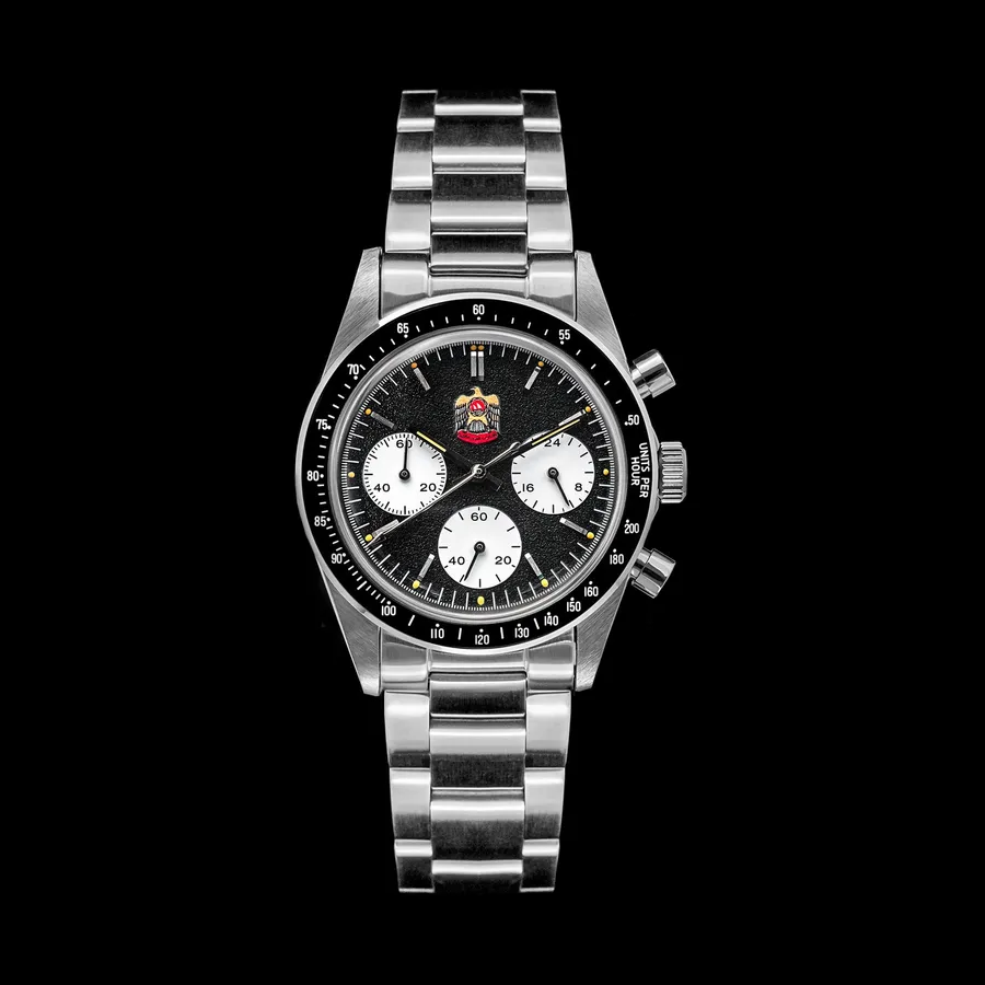 Thorn T010 Desert Eagle chronograph with black panda dial, emblem at 12 and black tachymeter bezel on the steel bracelet