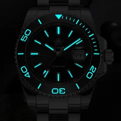 Addiesdive AD2510 black version in the dark, hands, indices and the full bezel scale glowing blue