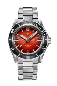 Zelos Swordfish 42mm, red-orange fumé dial and black ceramic bezel, on steel bracelet