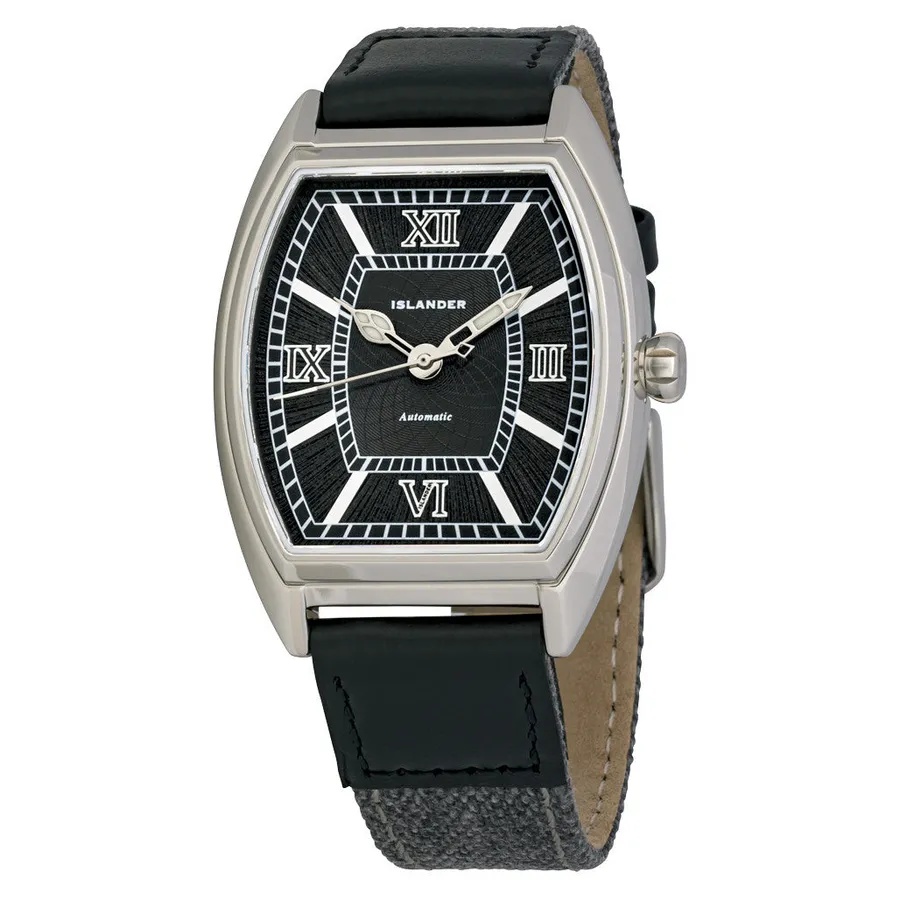 Islander Astoria tonneau dress watch ISL-261 with textured black dial, Roman numerals and cathedral hands on black strap