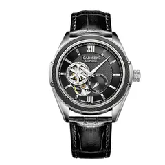 Cadisen C8102 open-heart automatic with black dial, small seconds and 24-hour wheel on a black leather strap