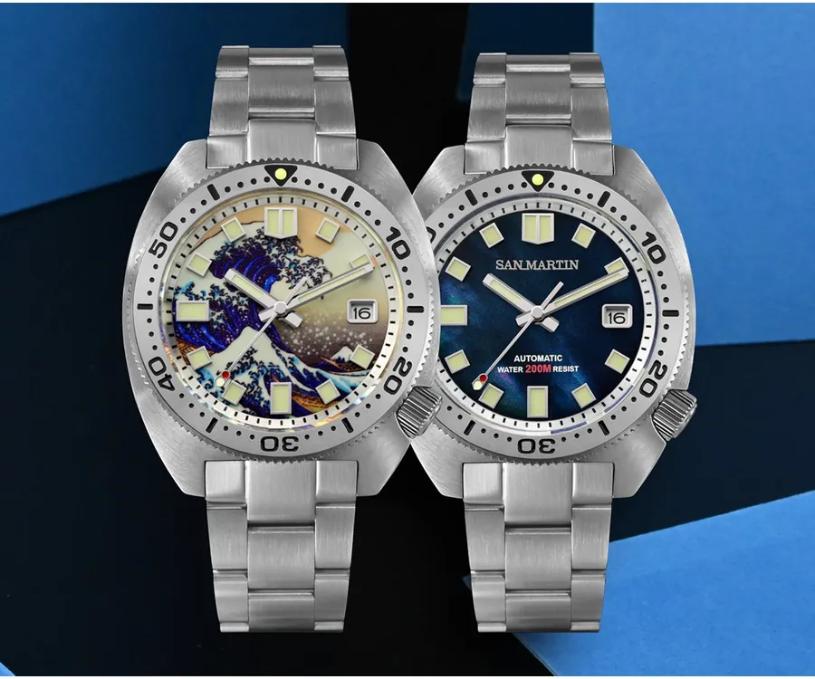 San Martin SN0068G with Great Wave and blue mother-of-pearl dials on steel bracelets