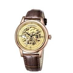 Cadisen C8066 skeleton automatic with gold openworked dial in a rose gold-tone case on a brown leather strap