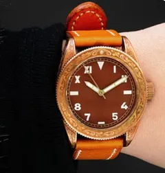 San Martin SN061-T 41mm carved bronze diver, california brown dial, no date, on leather strap