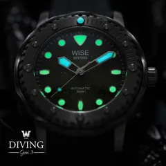 Wise Diving 300M Gen 3 lume shot (green markers, blue hands and bezel pip)