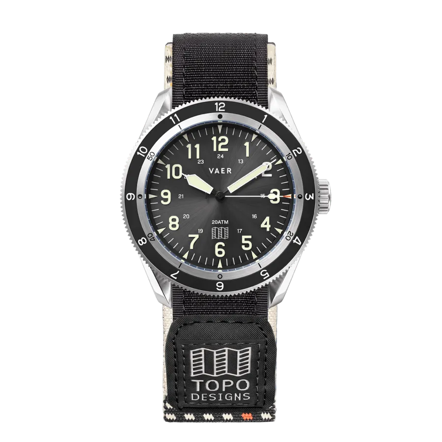 Vaer x Topo Designs x Worn & Wound DS4 Solar Hiker 39mm, black, on a Topo hook-and-loop strap