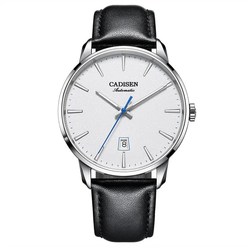 Cadisen C8173 automatic with white dial, blue seconds hand and date at 6 on a black leather strap