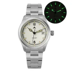 Militado ML08 (Ronda 515) with cream dial, 12 and 6 numerals, baton indices and date at 3 on steel bracelet