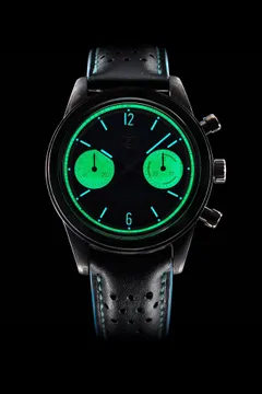 Zelos Vitesse Forged Carbon lume shot, subdials and minute ring glowing green, hands and indices blue