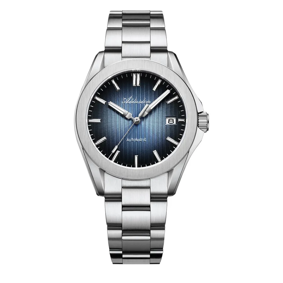 Addiesdive AD2080 with blue gradient striped dial on a three-link steel bracelet