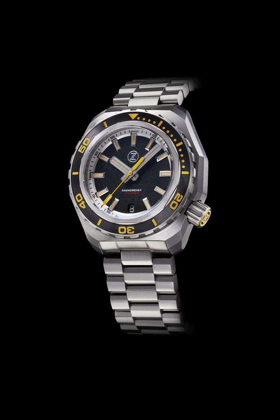 Zelos Hammerhead 2 in steel, black sand dial, black ceramic bezel, on steel bracelet