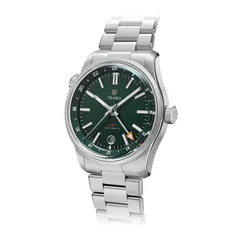 Traska Venturer GMT, green dial, three-quarter view showing both crowns