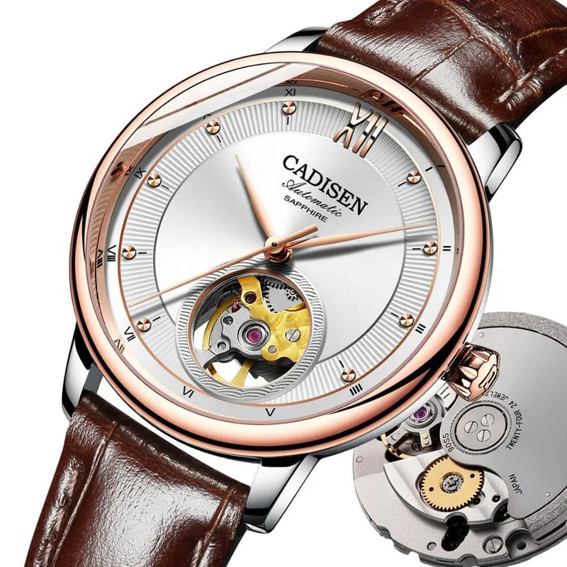 Cadisen C8140L ladies' automatic with white open-heart dial and rose gold-tone bezel on a brown leather strap