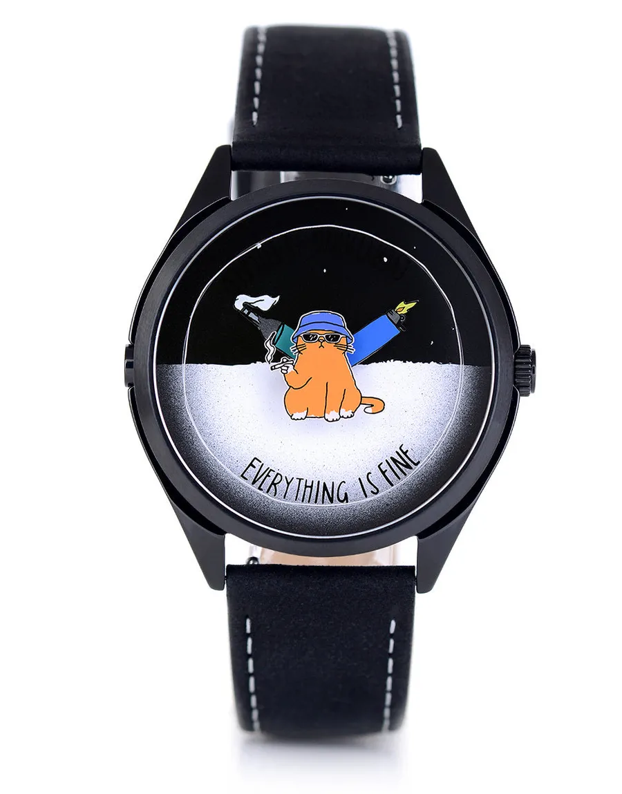Mr Jones Feline Fine, cartoon cat dial reading "everything is fine", black PVD case on black suede, front view