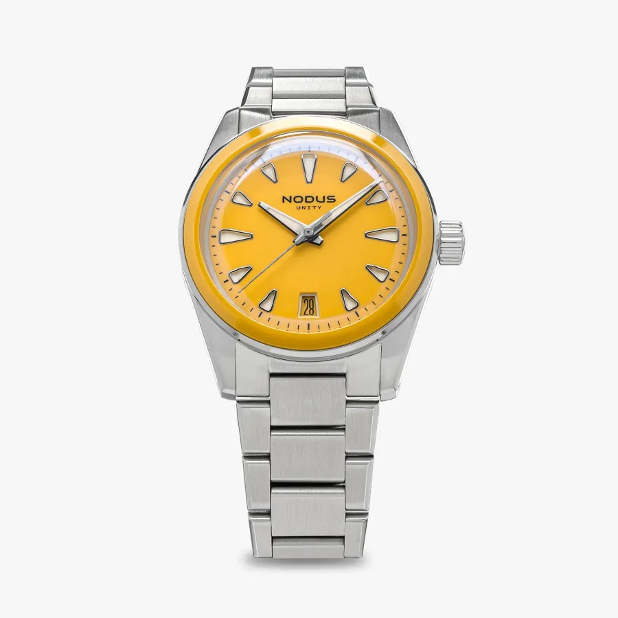 Nodus Unity Vitreous Yellow, yellow enamel dial and matching ceramic bezel, date at 6, on three-link bracelet