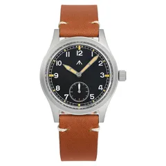 Militado D12 with black dial and sword hands on brown leather strap