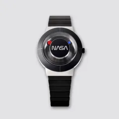 The Space Watch by Richard Danne, Jet Silver, with the NASA worm logo on a silver dial in a black case