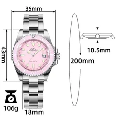 Addies AW25902 dimension graphic (36mm, 43mm lug-to-lug, 10.5mm, 18mm, 200mm, 106g)