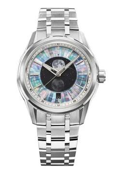 Zelos Helica Moonphase Mosaic MOP, mother-of-pearl mosaic dial with aventurine moon-phase disc