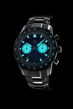 Zelos Starfighter Chronograph Midnight Blue lume shot, lumed subdials